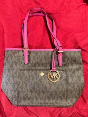 Michael Kors Brown Logo Tote with Pink Trim and Handles